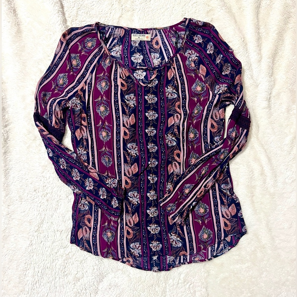 Ruff Hewn - Boho Navy and Purple Floral Flowy Blouse - Size Medium